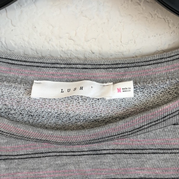 Lush Women's Sweater in Heather Gray Pink Striped Balloon Sleeve  - Picture 3 of 4